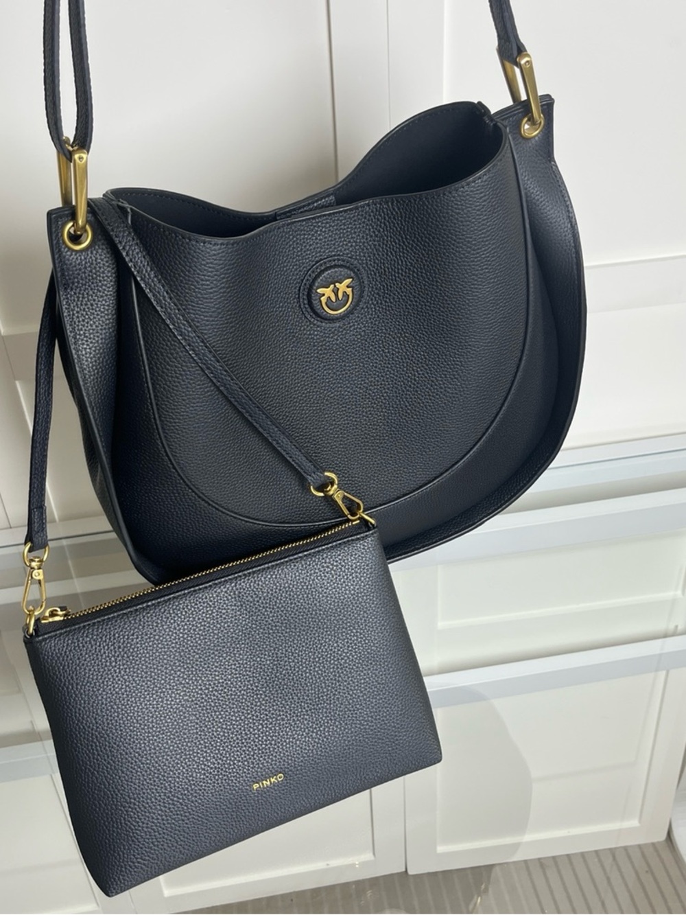 Pinko Black Pebbled Leather Shoulder Bag with Detachable Pouch